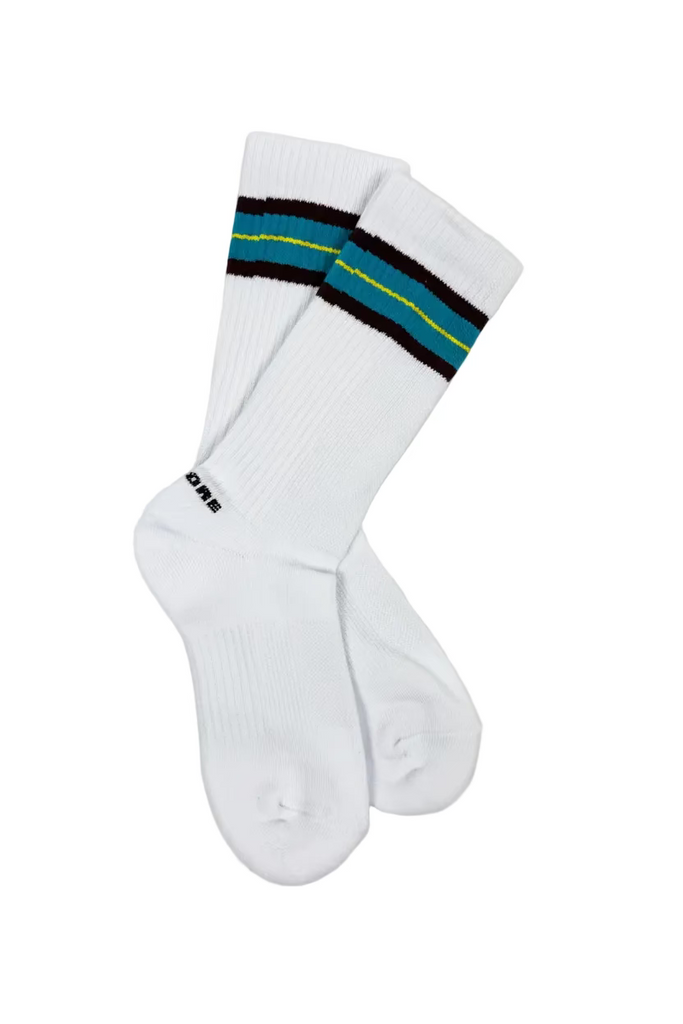 Triple Threat Socks - White/Brown, Yellow, & Blue Stripes