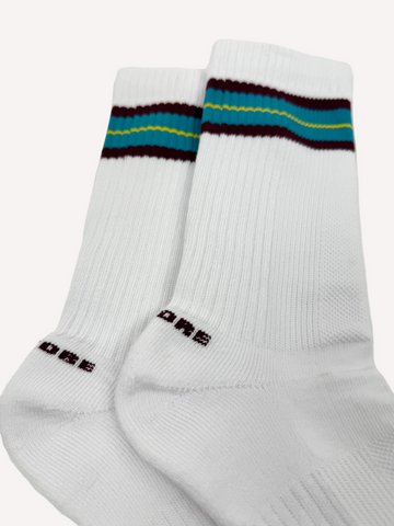 Triple Threat Socks - White/Brown, Yellow, & Blue Stripes